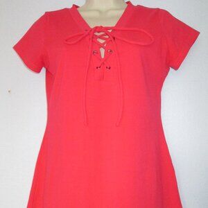 Patty Boutik Womens sz M Pink Coral V Neck lace up top shirt short sleeve cotton
